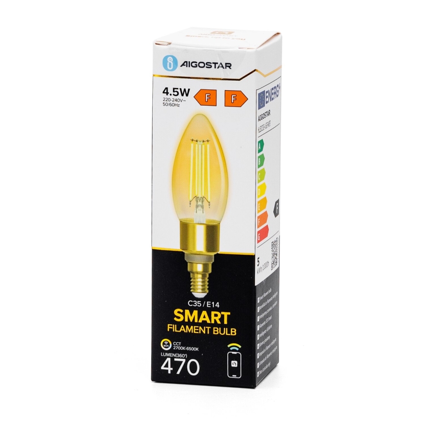 LED Stmívatelná žárovka FILAMENT C35 E14/4,5W/230V 2700-6500K Wi-Fi - Aigostar