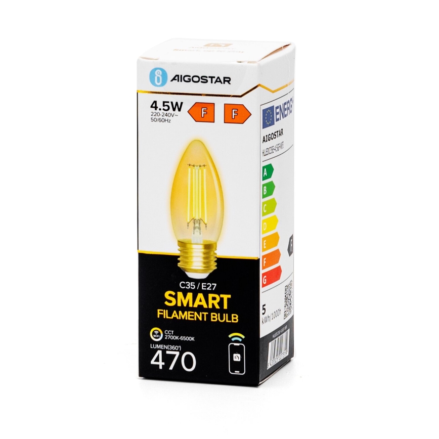 LED Stmívatelná žárovka FILAMENT C35 E27/4,5W/230V 2700-6500K Wi-Fi - Aigostar