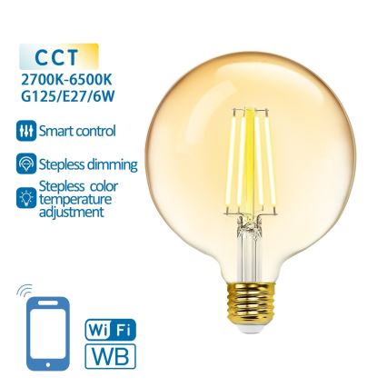 LED Stmívatelná žárovka FILAMENT G125 E27/6W/230V 2700-6500K Wi-Fi - Aigostar