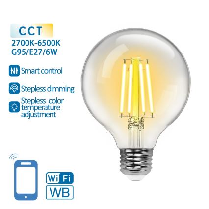 LED Stmívatelná žárovka FILAMENT G95 E27/6W/230V 2700-6500K Wi-Fi - Aigostar