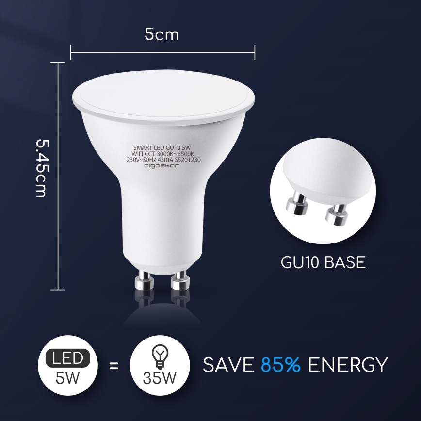 LED Stmívatelná žárovka GU10/5W/230V 3000-6500K Wi-Fi - Aigostar