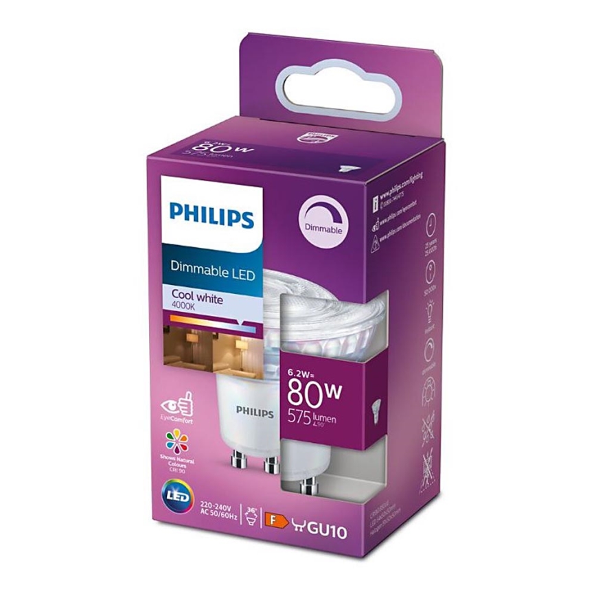 LED Stmívatelná žárovka Philips GU10/6,2W/230V 4000K