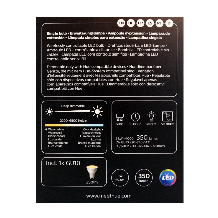 LED Stmívatelná žárovka Philips Hue WHITE AMBIANCE 1xGU10/4,3W/230V 2200-6500K