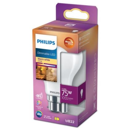 LED Stmívatelná žárovka Philips Warm Glow A60 B22/7,2W/230V 2200-2700K CRI 90