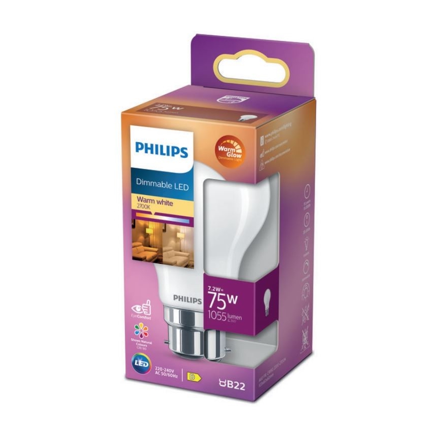 LED Stmívatelná žárovka Philips Warm Glow A60 B22/7,2W/230V 2200-2700K CRI 90
