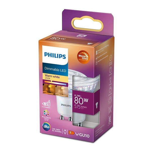 LED Stmívatelná žárovka Philips Warm Glow GU10/6,2W/230V 2200-2700K CRI 90