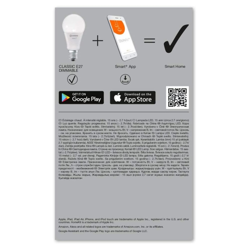 LED Stmívatelná žárovka SMART+ E27/9,5W/230V 2700K Wi-Fi - Ledvance