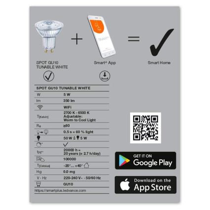 LED Stmívatelná žárovka SMART+ GU10/5W/230V 2700K-6500K Wi-Fi - Ledvance