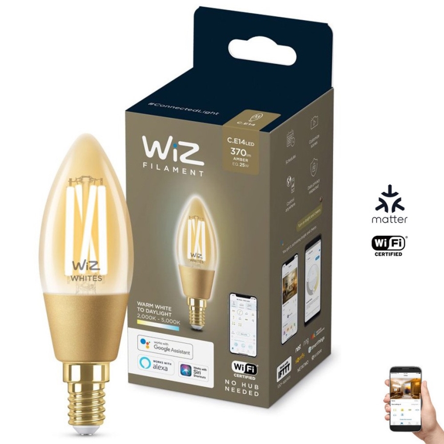 LED Stmívatelná žárovka VINTAGE FILAMENT C35 E14/4,9W/230V 2000-5000K CRI 90 Wi-Fi - WiZ