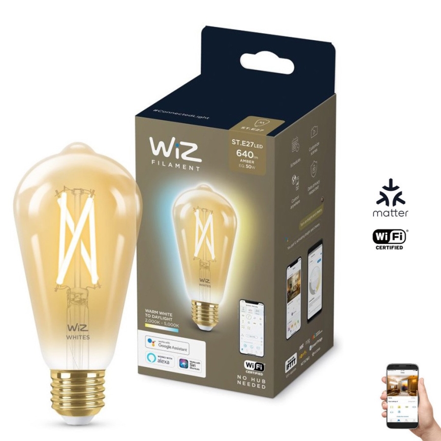 LED Stmívatelná žárovka VINTAGE FILAMENT ST64 E27/7W/230V 2000-5000K CRI 90 Wi-Fi - WiZ