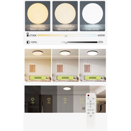 LED Stmívatelné stropní svítidlo LED/40W/230V 3000-6500K pr. 40 cm černá + dálkové ovládání