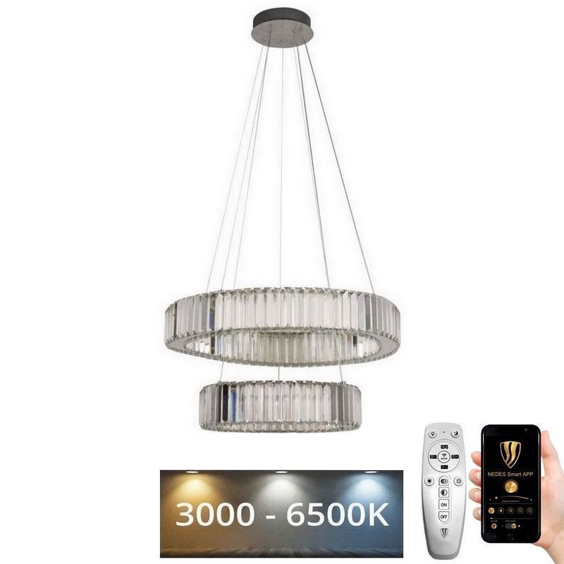 LED Stmívatelný křišťálový lustr na lanku LED/65W/230V 3000-6500K lesklý chrom + dálkové ovládání