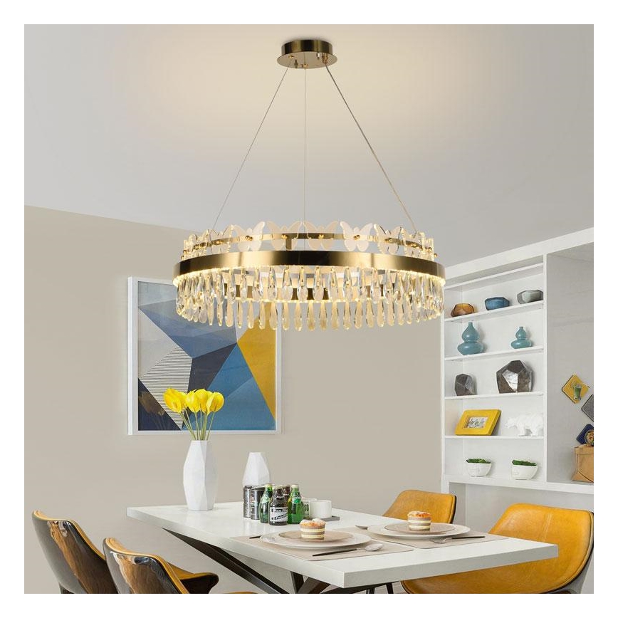LED Stmívatelný křišťálový lustr na lanku LED/80W/230V 3000-6500K zlatá + dálkové ovládání