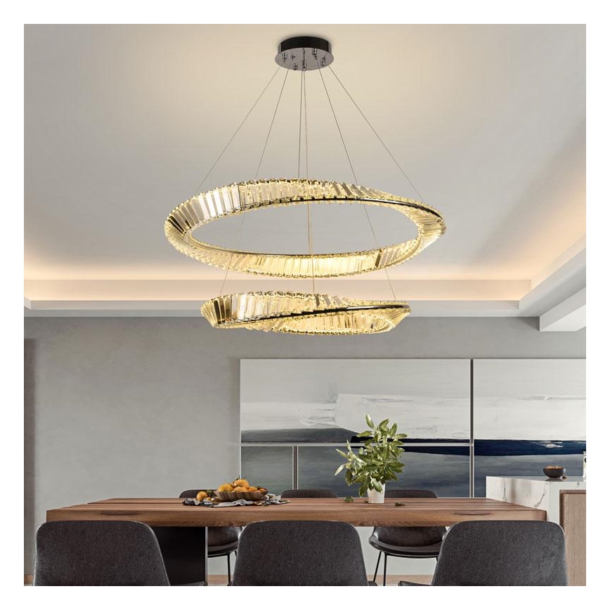 LED Stmívatelný křišťálový lustr na lanku LED/90W/230V 3000-6500K lesklý chrom + dálkové ovládání