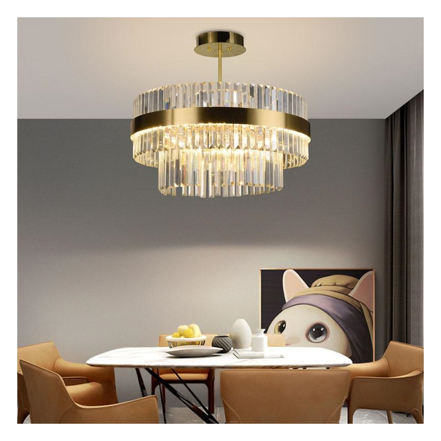 LED Stmívatelný křišťálový lustr na tyči LED/80W/230V 3000-6500K zlatá + dálkové ovládání