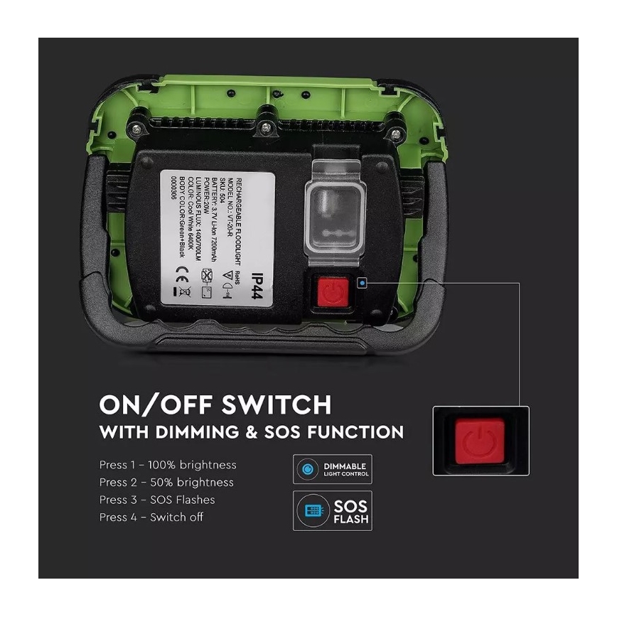 LED Stmívatelný nabíjecí reflektor SAMSUNG CHIP + funkce SOS LED/10W/3,7V/USB IP44 4000K 3600 mAh zelená