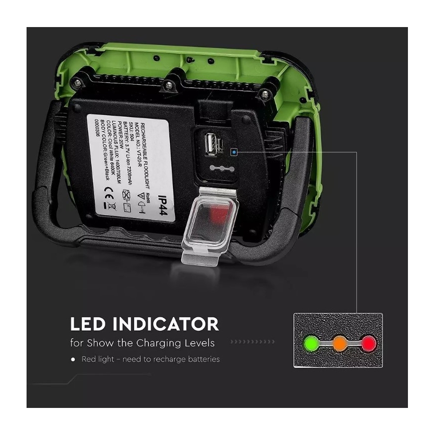 LED Stmívatelný nabíjecí reflektor SAMSUNG CHIP + funkce SOS LED/20W/3,7V/USB IP44 4000K 7200 mAh zelená