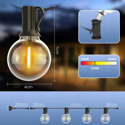 LED Stmívatelný venkovní dekorační řetěz 25xE12/1W/24/230V 17,5 m IP65 černá + dálkové ovládání