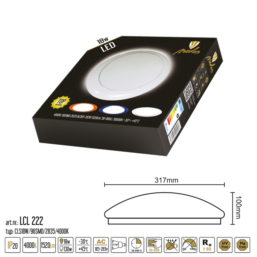 Nedes LCL222 - LED Stropní přisazené svítidlo LED/18W
