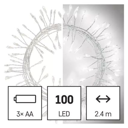 LED Vánoční řetěz 100xLED/3xAA 2,7 m studená bílá