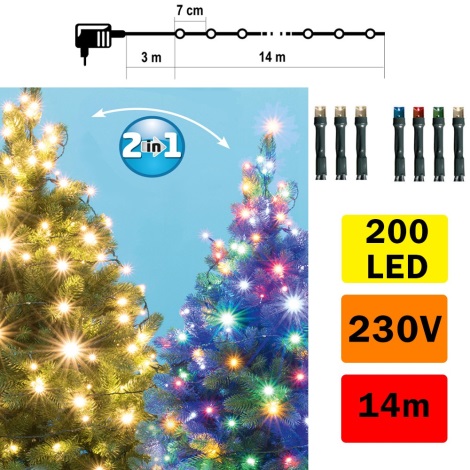 LED Vánoční řetěz venkovní 200xLED/5 funkcí 17m IP44 teplá bílá/multicolor