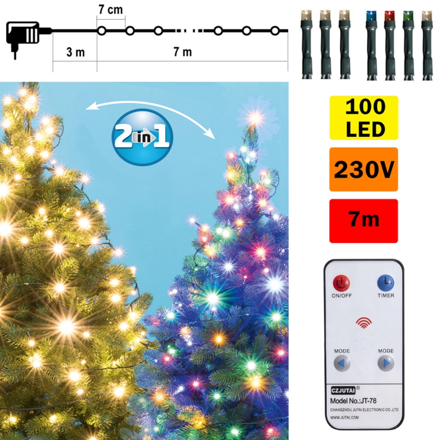 LED Vánoční venkovní řetěz 100xLED 10m IP44 teplá bílá/multicolor + dálkové ovládání