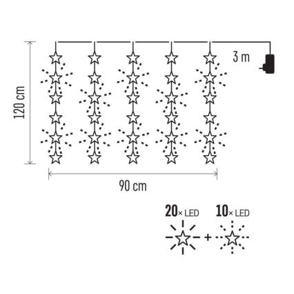 LED Vánoční venkovní řetěz 30xLED/3,9m IP44 hvězdy