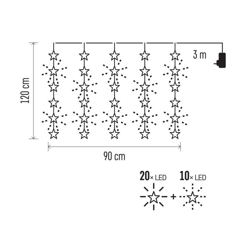 LED  venkovní řetěz 30xLED/3,9m IP44 hvězdy