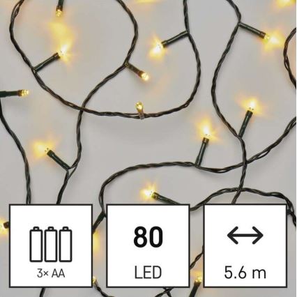 LED  venkovní řetěz 80xLED/3xAA 6,1m IP44 teplá bílá