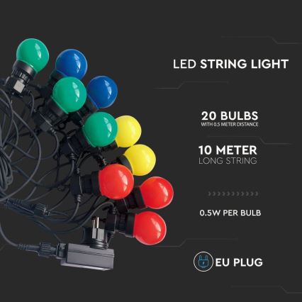 LED Venkovní řetěz STRING RGB 10m 20xLED/0,5W/230V IP44