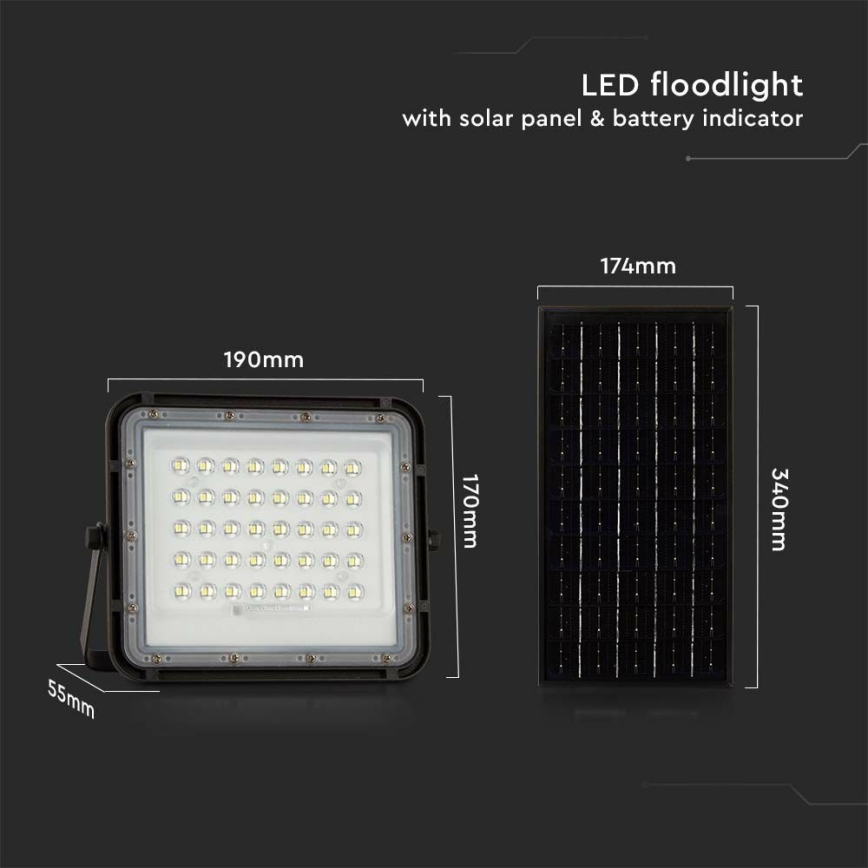 LED Venkovní stmívatelný solární reflektor LED/10W/3,2V IP65 6400K 6000 mAh černá + dálkové ovládání