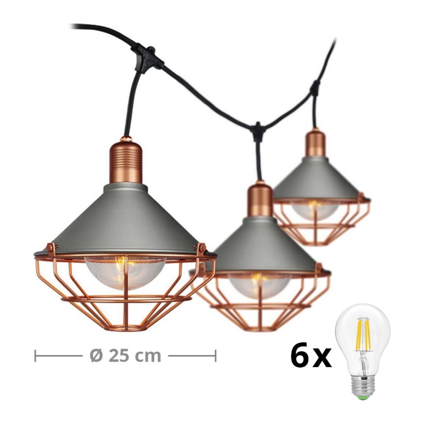 LED Zahradní závěsné svítidlo PREMIUM STRING 3m 6xE27/8W/230V IP65 šedá/bronz