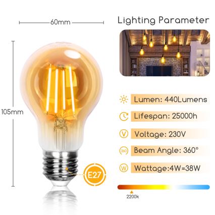 LED Žárovka A60 E27/4W/230V 2200K - Aigostar