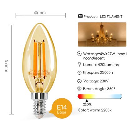 LED Žárovka C35 E14/4W/230V 2200K - Aigostar