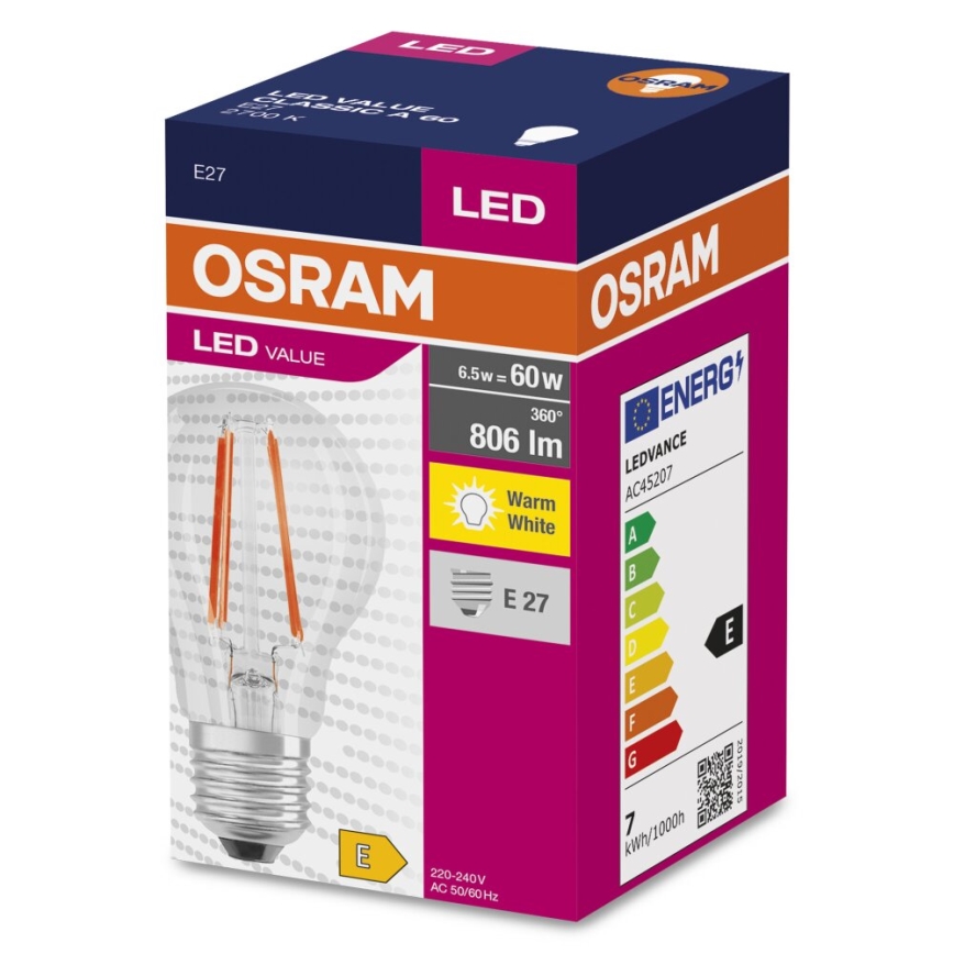 LED Žárovka FILAMENT A60 E27/6,5W/230V 2700K - Osram