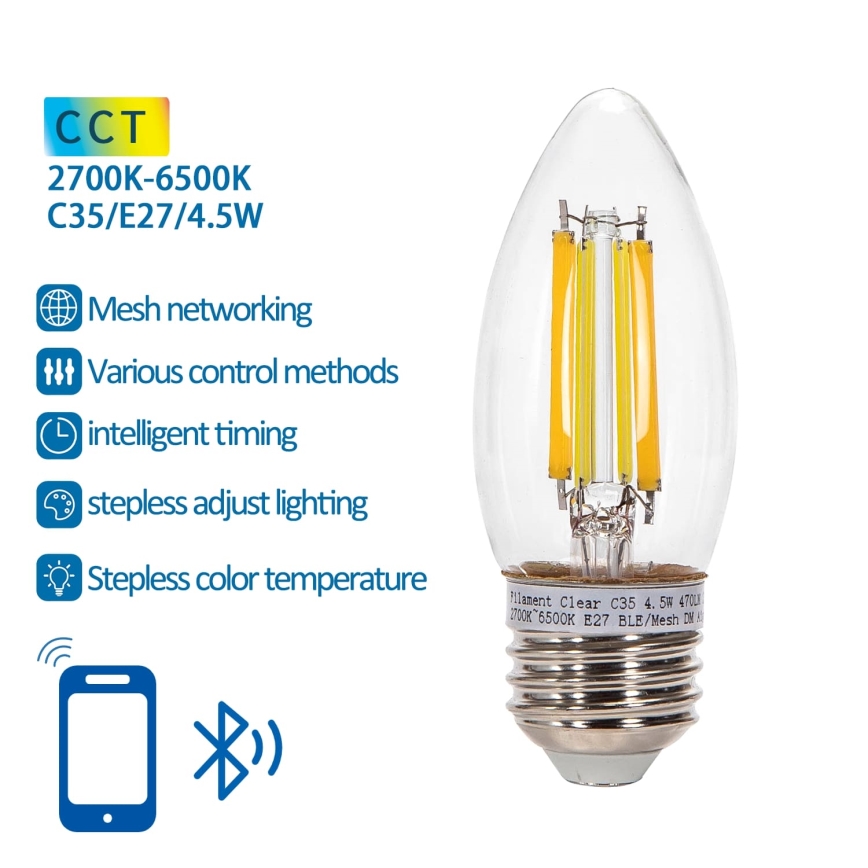 LED Stmívatelná žárovka FILAMENT MESH Smart C35 E27/4,5W/230V 2700-6500K - Aigostar