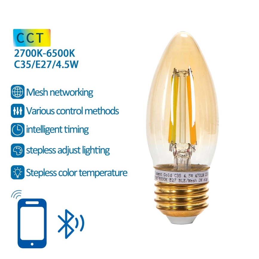LED Stmívatelná žárovka FILAMENT MESH Smart C35 E27/4,5W/230V 2700-6500K - Aigostar