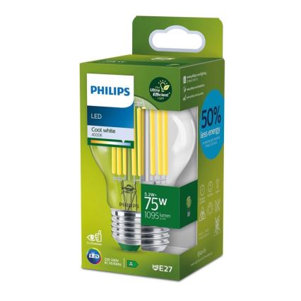 LED Žárovka FILAMENT Philips A60 E27/5,2W/230V 4000K