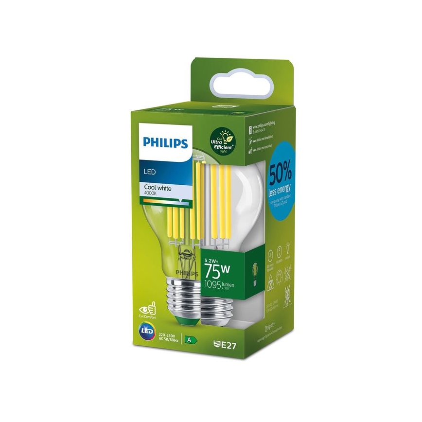 LED Žárovka FILAMENT Philips A60 E27/5,2W/230V 4000K