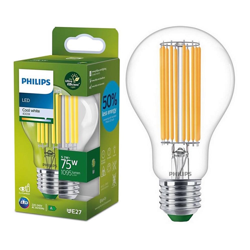 LED Žárovka FILAMENT Philips A70 E27/5,2W/230V 4000K