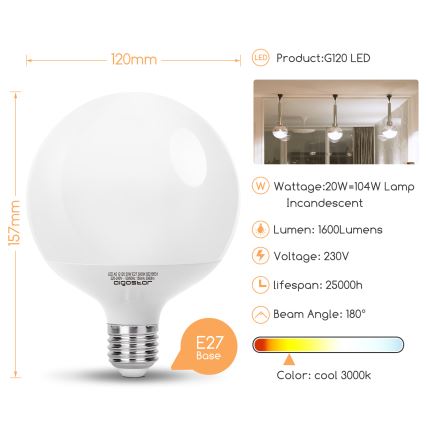LED Žárovka G120 E27/20W/230V 3000K - Aigostar