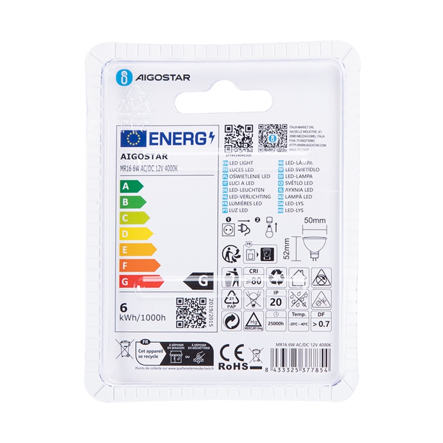 LED Žárovka MR16 GU5,3/6W/12V 4000K - Aigostar