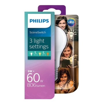 LED Žárovka Philips SCENE SWITCH A60 E27/8W/230V 2200K-2700K