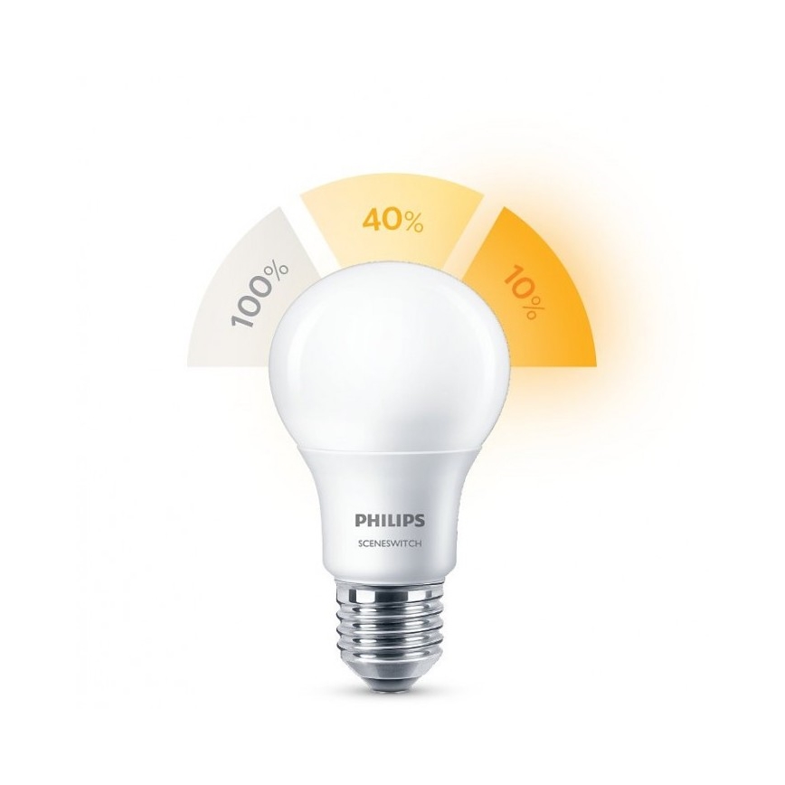 LED Žárovka Philips SCENE SWITCH A60 E27/8W/230V 2200K-2700K