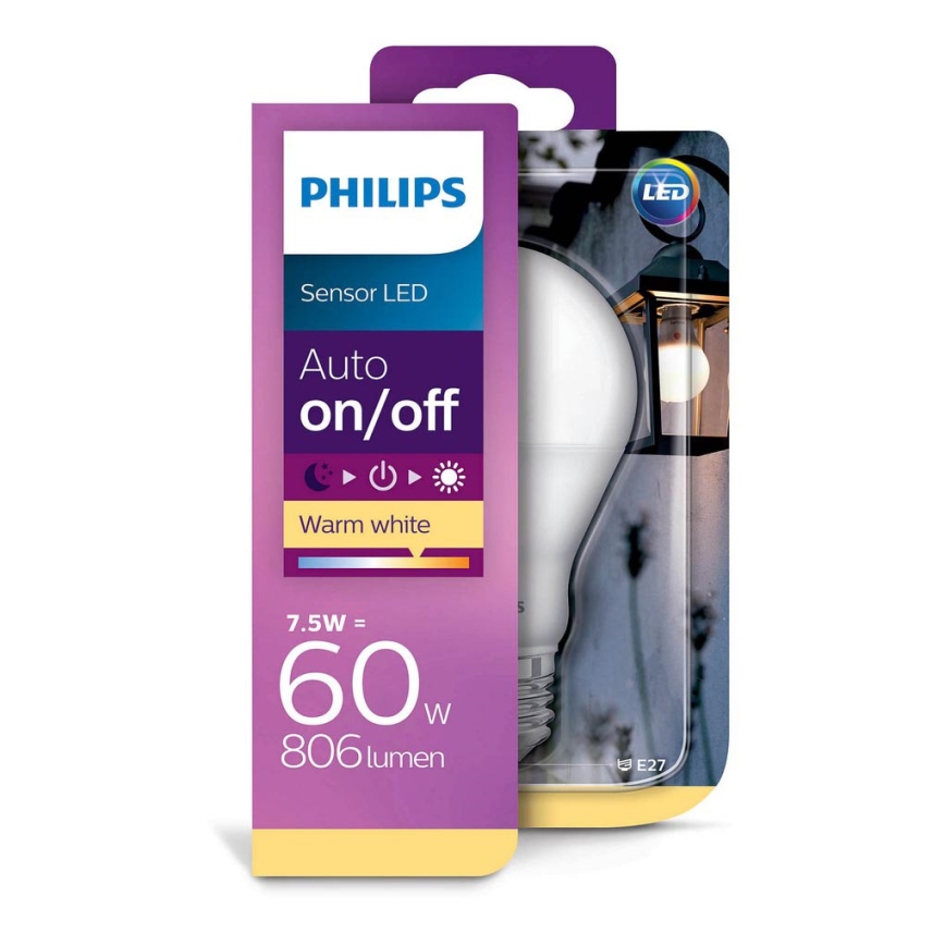 LED Žárovka se soumrakovým senzorem Philips E27/7,5W/230V 2700K