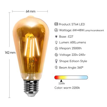 LED Žárovka ST64 E27/6W/230V 2200K - Aigostar