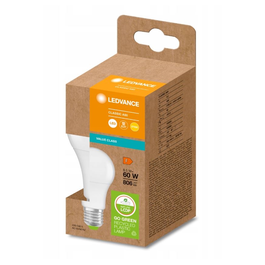 LED Žárovka z recyklovaného plastu A60 E27/8,5W/230V 2700K - Ledvance