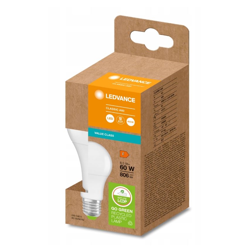 LED Žárovka z recyklovaného plastu A60 E27/8,5W/230V 4000K - Ledvance