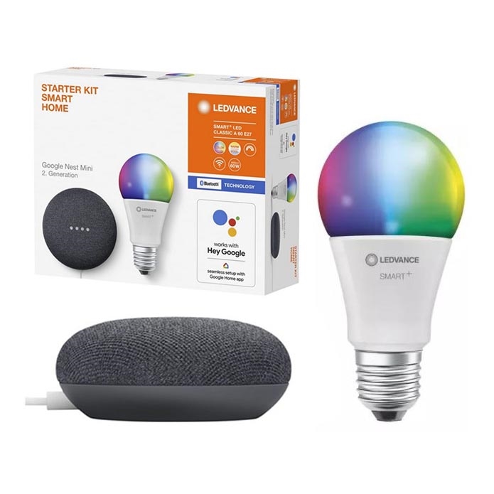 Ledvance - Inteligentní reproduktor Google Nest Mini + LED RGBW Stmívatelná žárovka SMART+ E27/9W/230V 2700 - 6500K