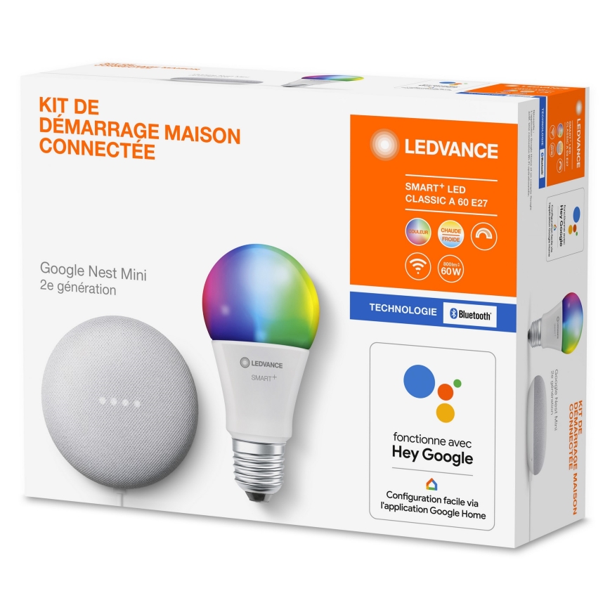 Ledvance - Inteligentní reproduktor Google Nest Mini + LED RGBW Stmívatelná žárovka SMART+E27/10W/230V 2000 - 6500K